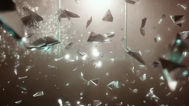 Dramatic shattering glass flying in slow motion. Action and horror transition element.