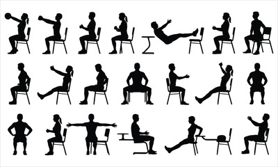 People performing various seated exercises using chairs for physical therapy and fitness routines