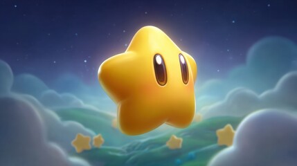 A smiling yellow star floating amongst clouds under a starry night sky
