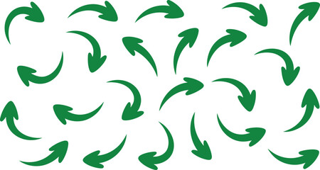 A collection of green curved arrows pointing in various directions on a clean white background