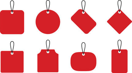 A collection of red price tags in various shapes with black loops on a white background
