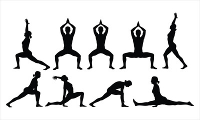 A comprehensive set of black silhouettes illustrating various dynamic yoga and fitness poses