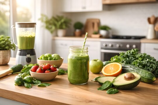 Fresh Green Smoothie with Healthy Ingredients on Kitchen Counter - Powered by Adobe