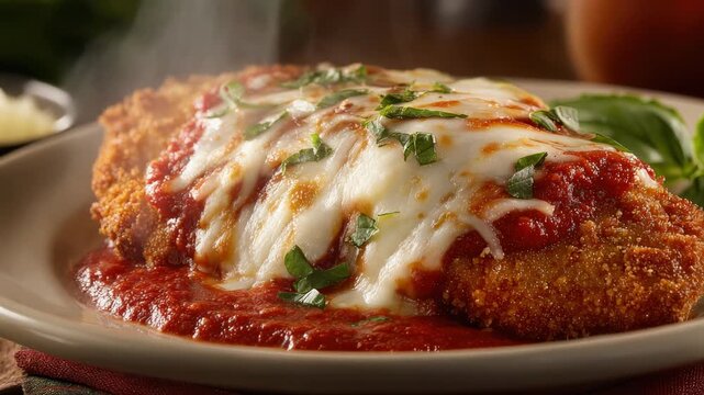 A deliciously plated chicken dish topped with marinara sauce, mozzarella, and fresh herbs.