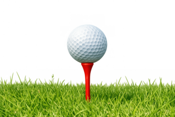 Golf ball resting on a red tee, ready for swing, starting a round of professional sport, transparent background