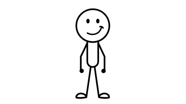 Simple stick figure waving hello with a happy smile on white background.