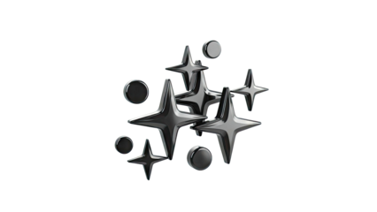 Sparkling Black Star Shapes and Circles on White Background