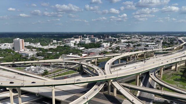 Aerial view of the I-4 and 408 freeway interchange near downtown Orlando in Orange County, Florida. 