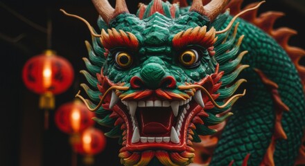 Fototapeta premium Intricate green dragon statue with red lanterns in the background, symbolizing good fortune