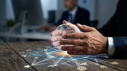 financial freedom independence strategy businessman concept. Person holding a globe with digital connections in a modern workspace.