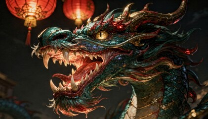 Obraz premium Intricate Chinese dragon head with open mouth and sharp teeth, illuminated by red lanterns