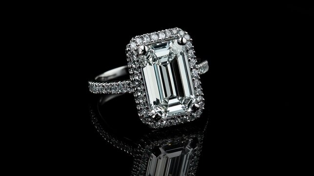 a brilliant emerald cut diamond ring showcasing opulent elegance against a backdrop of polished obsidian providing intense contrast and depth
