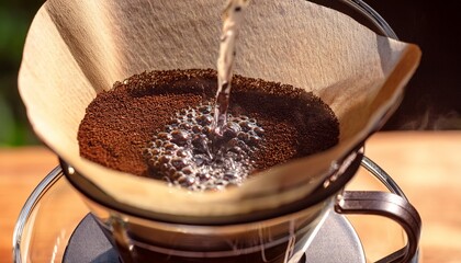Slow Motion Footage Of Coffee Grounds Being Poured Into A Filter With Water Mixing In A Glass Cup