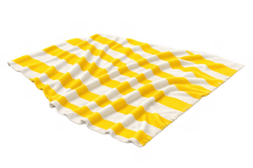 Yellow and white striped cotton beach towel lying crumpled, ready for summer vacation on transparent background