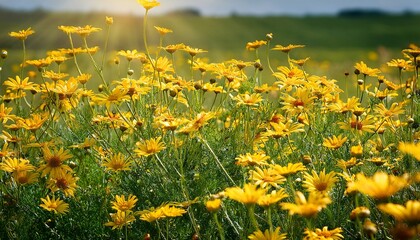 Yellow Chamomile Or Golden Marguerite Wild Flowers Cota Tinctoria In Full Bloom In Green Lush Summer Fields
