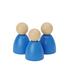 Three blue wooden peg dolls isolated on transparent background
