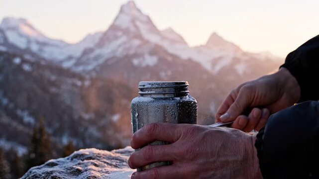 Hands Scooping Protein Powder Supplement On Snowy Mountain At Sunset. 4K Footage Video