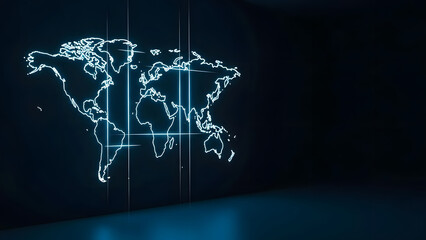 Glowing digital world map with neon grid lines and global data visualization theme
