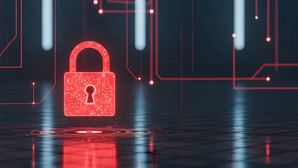 Glowing red padlock with circuit design symbolizing cybersecurity and data protection