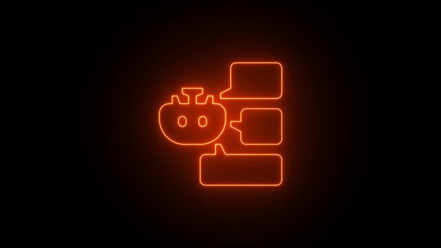Neon orange glowing chat conversation bubble with face emoticon on dark background communication symbols