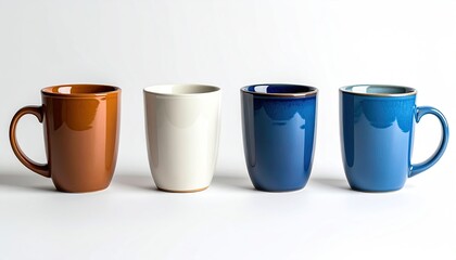 Four ceramic mugs of different colors sit in a row