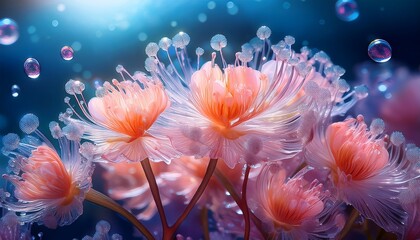Delicate Coral Like Flowers Glistening With Droplets In An Ethereal Underwater World