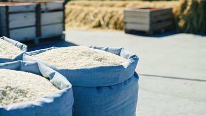 Close up view of rice spilling out of blue burlap sacks