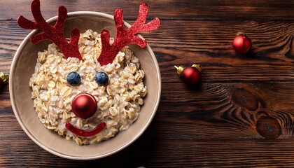 Oatmeal In A Bowl In The Form Of Reindeer For Christmas Holidays On A Wood Background