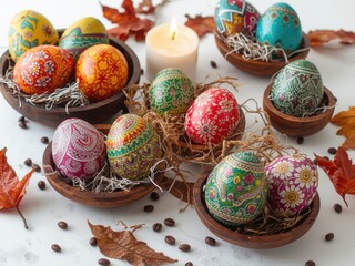 Colorful easter eggs in wooden bowls