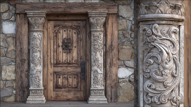 A weathered wooden door, framed by stone pillars with intricate carvings. The door itself has a detailed design and is surrounded by rustic stone walls, which exudes an aura of history and grandeur