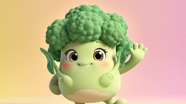 A smiling broccoli character waving its hand, 3D illustration, pastel background, cute, cartoon style, healthy eating concept, anthropomorphic vegetable, funny, friendly, vibrant, digital ar