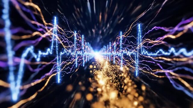 A vibrant, abstract representation of an electrocardiogram reading, showcasing a central burst of light with multicolored lines radiating outward in a dynamic pattern