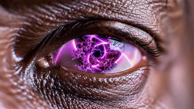 A close-up of a human eye with a vibrant, neon-colored molecular structure reflected in the iris
