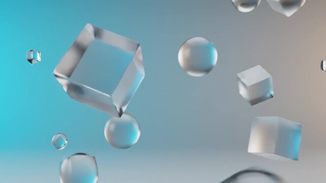 Floating glass and crystal shapes against a gradient blue and gray background with a cinematic feel.