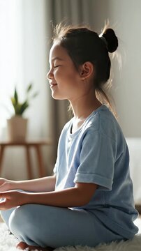 Young Girl Meditating in Light Blue Outfit with Topknot Hairstyle on White Fluffy Rug in Sunlit Room Calmness and