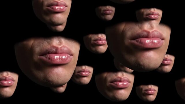 Image showcases various floating human mouths against a stark black background