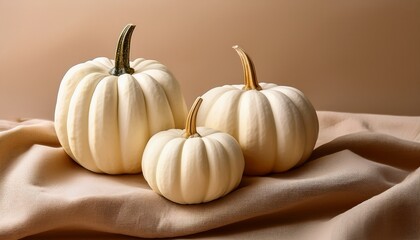 Three White Pumpkins With Stems On Beige Cloth Ideal For Thanksgiving Autumn Harvest Festive Fall Theme Cozy Holiday Decor Traditional Seasonal Symbol Elegant Gourd Arrangement