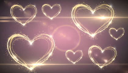 A collection of golden hearts with bright lights and sparkles on a dark background, viewed from a straightforward angle, aset (232).png