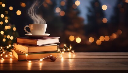 Cozy Christmas Scene With Stack Of Books Steaming Cup Of Tea And Fairy Lights