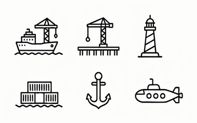 Naklejka premium Cargo Ship, Crane, Lighthouse, and Submarine