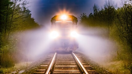 Express Train with Powerful Headlights Moving Through the Night Fog