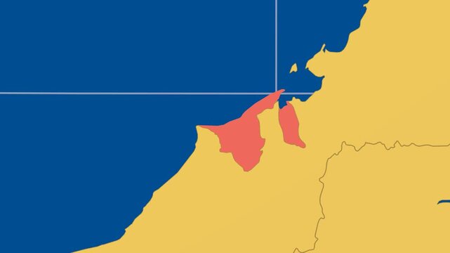 Brunei on Globe. Animated zoom into the country in Ocean Blue Golden Yellow color palette. Brunei logo animation. Map with meridians, parallels. Charming video.