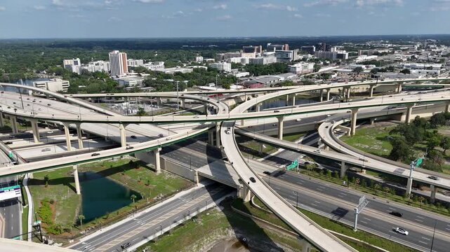 Aerial view of the I-4 and 408 freeway interchange near downtown Orlando in Orange County, Florida. 