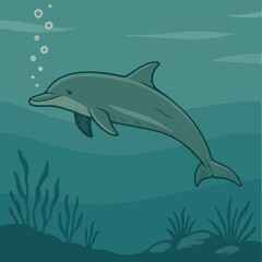 Obraz premium Marine wildlife illustration of a dolphin swimming underwater in ocean environment
