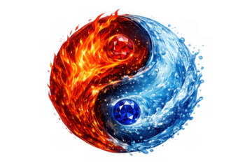 Yin yang symbol illustrating fire and water elements, creating balance and contrast with glowing gem details