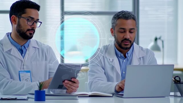 Two men in lab coats work on a desk with a tablet, a laptop, and a digital overlay