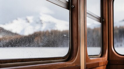 Train window framing a blurred landscape view on a cloudy day