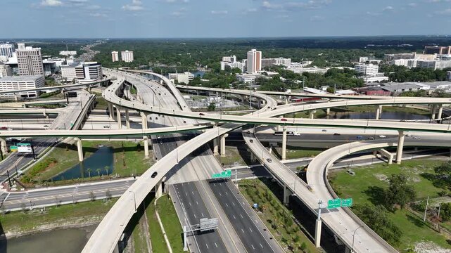 Major I-4 and 408 freeway interchange at downtown Orlando in Orange County, Florida. 