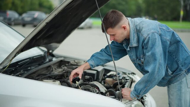 outdoor man checking car engine under raised hood in parking lot, denim jacket and jeans, probing battery cables and connections, raindrops on bonnet, urban background with passing cars, DIY roadside