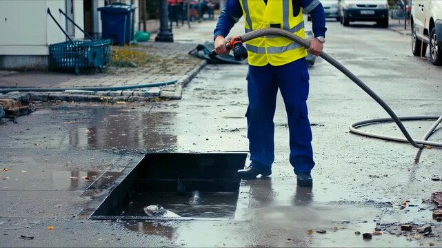 A worker in reflective gear washes a street drain with a water hose on a wet city street
